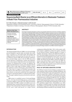 Sequencing Batch Reactor As an Efficient Alternative to Wastewater Treatment– a Model from Pharmaceutical Industries