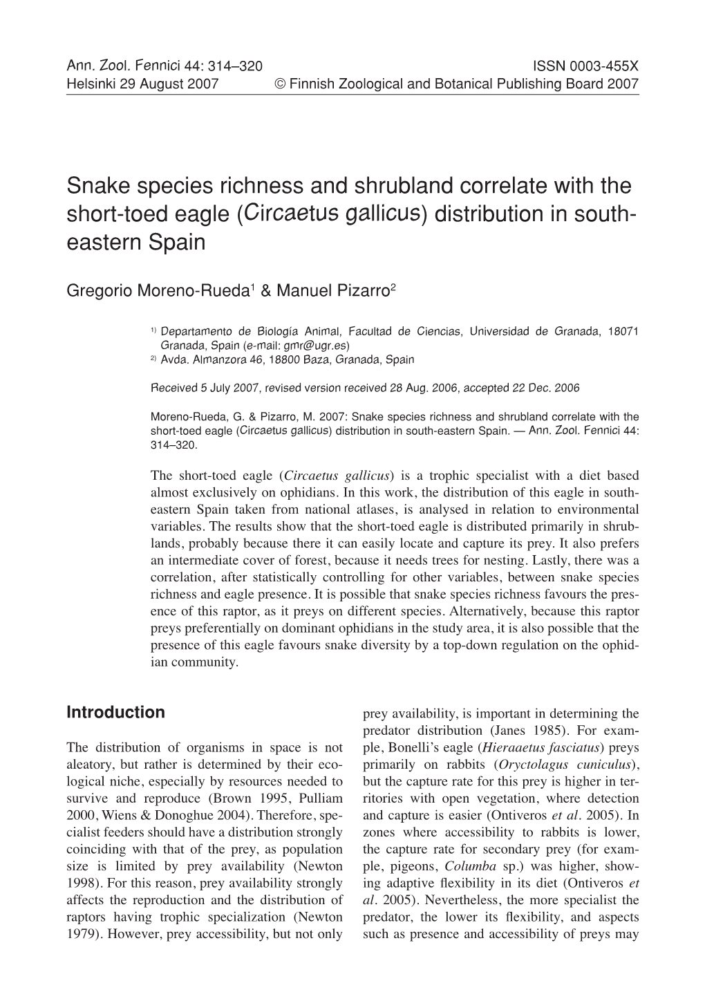Snake Species Richness and Shrubland Correlate with the Short-Toed Eagle (Circaetus Gallicus) Distribution in South- Eastern Spain