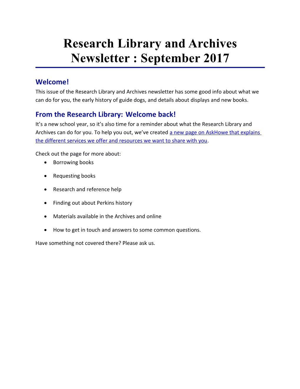 Research Library and Archives Newsletter : September 2017