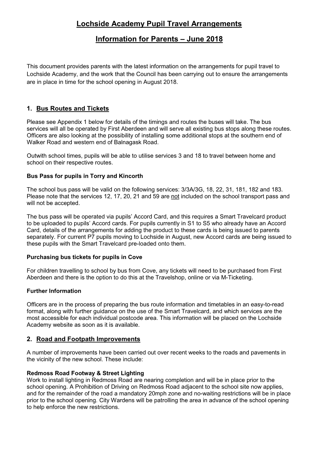 Lochside Academy Pupil Travel Arrangements Information for Parents