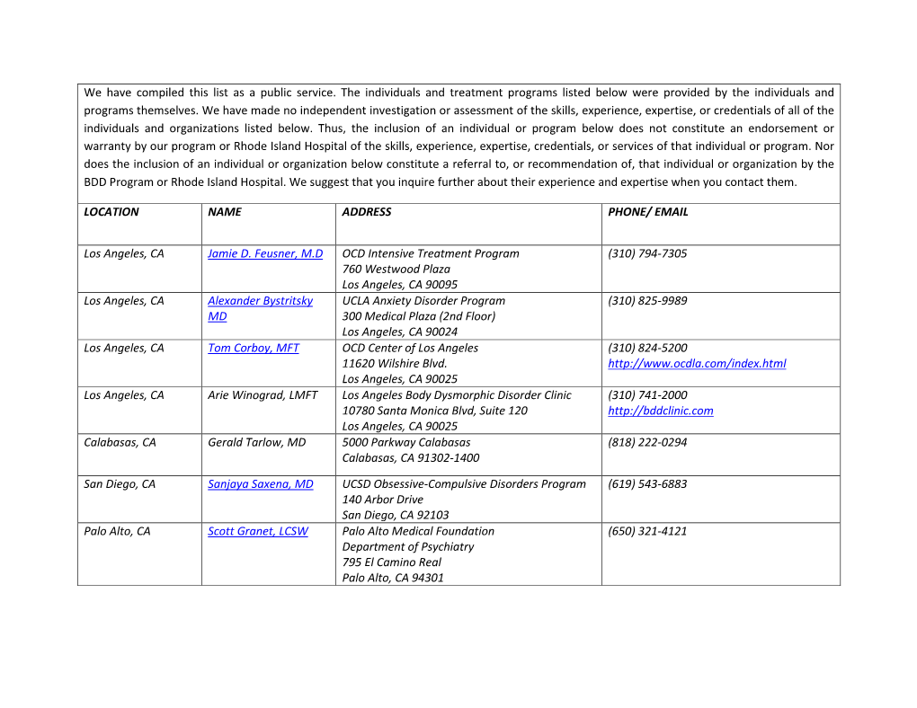 We Have Compiled This List As a Public Service. the Individuals and Treatment Programs Listed Below Were Provided by the Individuals and Programs Themselves