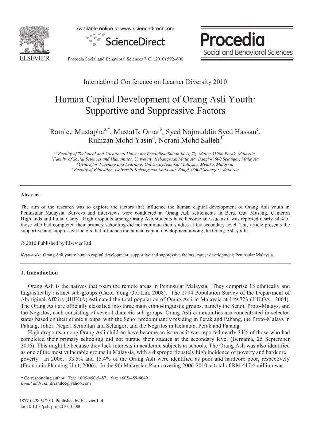 Human Capital Development of Orang Asli Youth: Supportive and Suppressive Factors