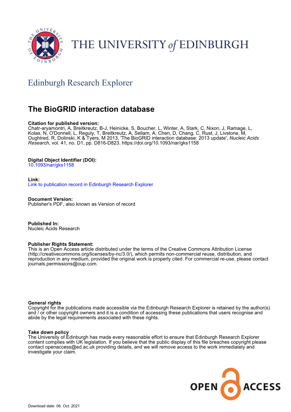 The Biogrid Interaction Database