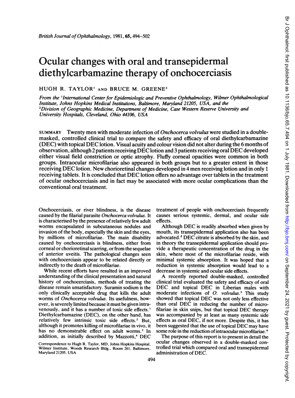 Ocular Changes with Oral and Transepidermal Diethylcarbamazine Therapy of Onchocerciasis