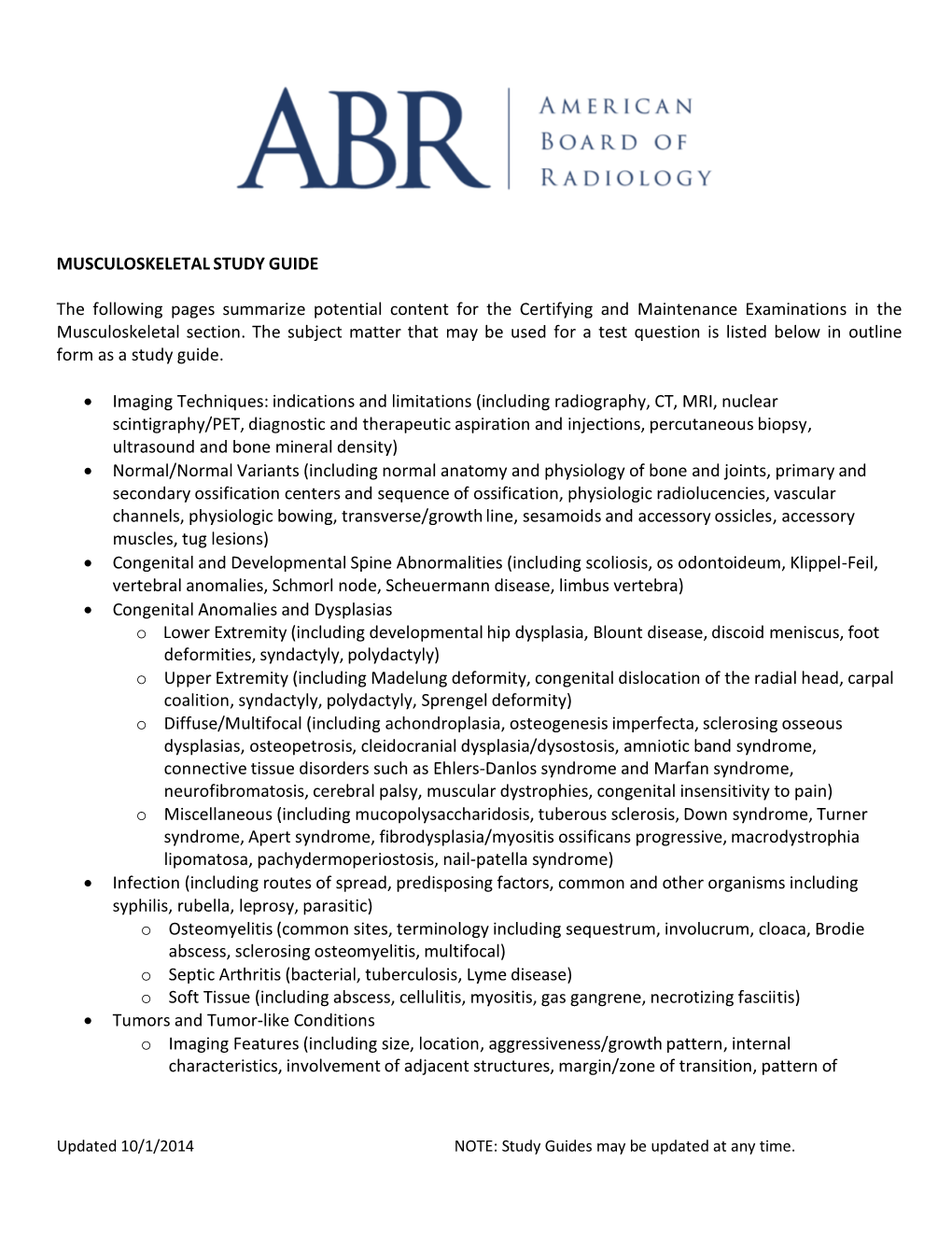 Study Guide for the MOC Cognitive Examination: Musculoskeletal