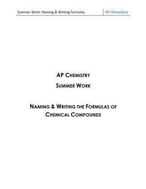 Ap Chemistry Summer Work Naming & Writing the Formulas of Chemical Compounds
