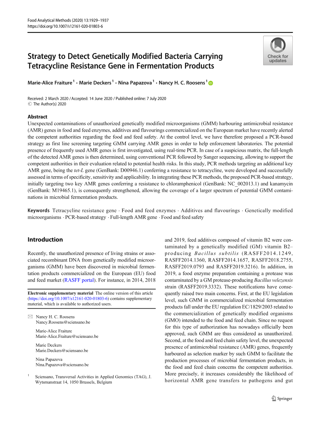 Strategy to Detect Genetically Modified Bacteria Carrying Tetracycline Resistance Gene in Fermentation Products