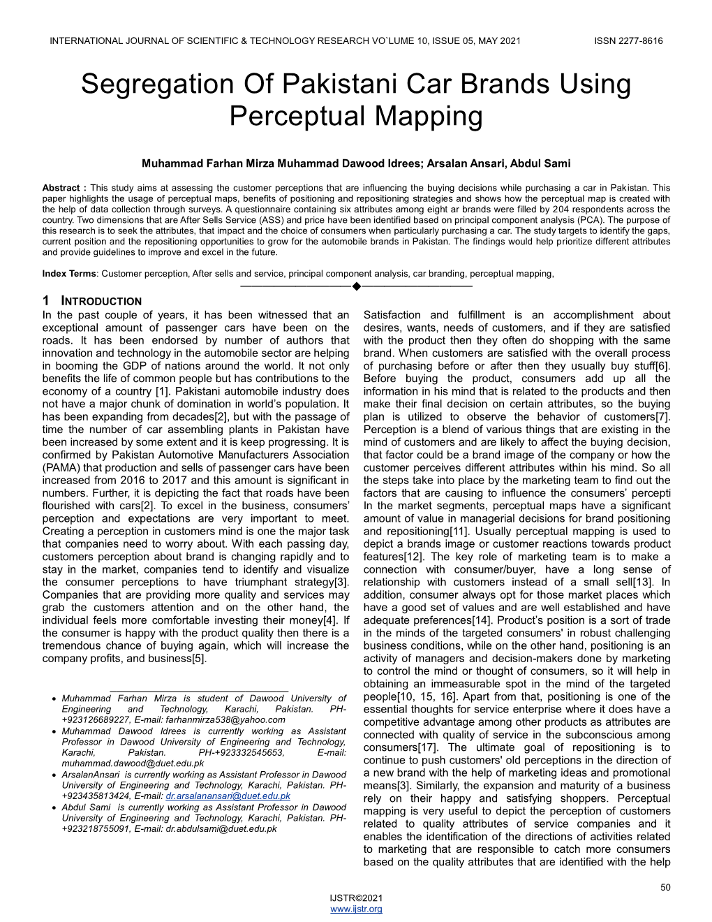 Segregation of Pakistani Car Brands Using Perceptual Mapping