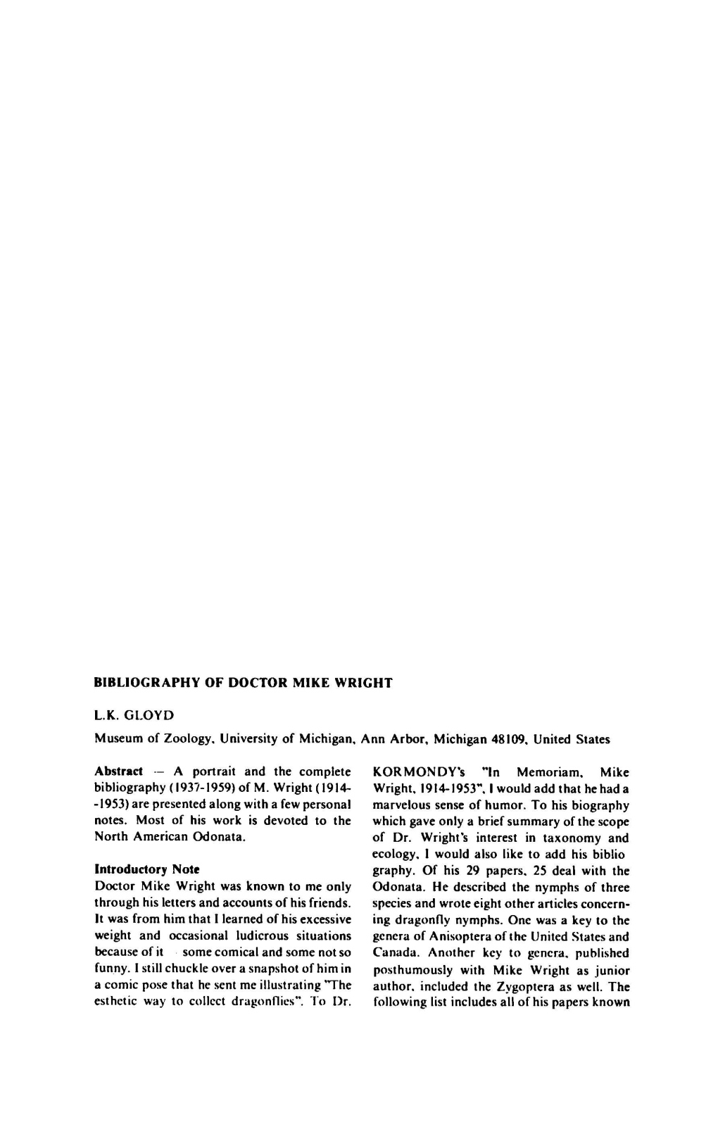 Bibliography of Doctor Mike Wright L.K. Gloyd Museum of Zoology