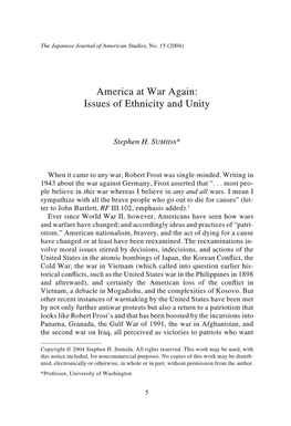 America at War Again: Issues of Ethnicity and Unity