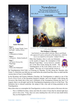 Newsletter the Personal Ordinariate of Our Lady of the Southern Cross Vol 1 No 8 August 2020 Trinitytide