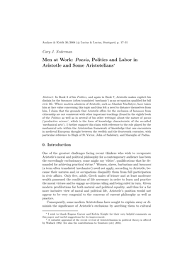 Men at Work: Poesis, Politics and Labor in Aristotle and Some Aristotelians∗