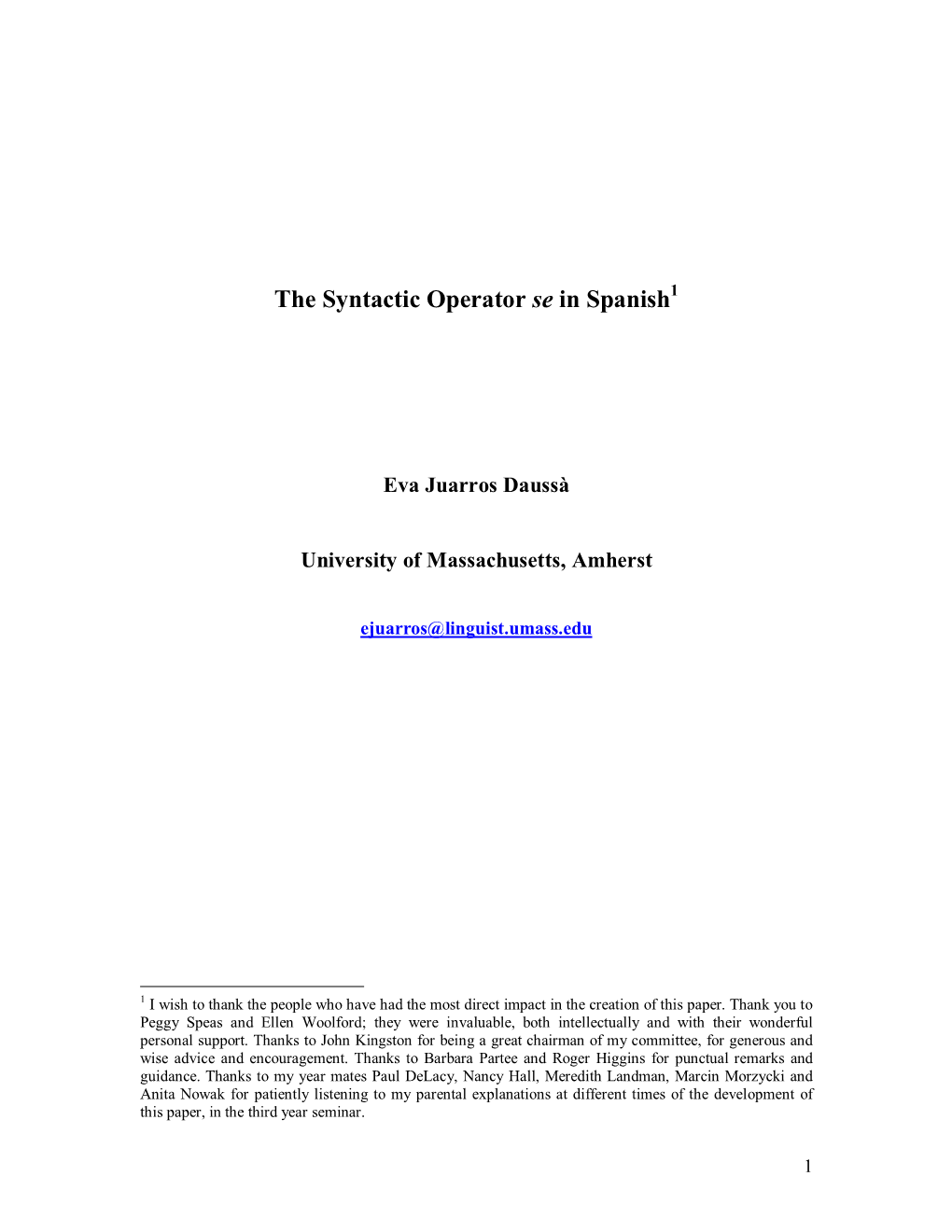 The Syntactic Operator Se in Spanish 1