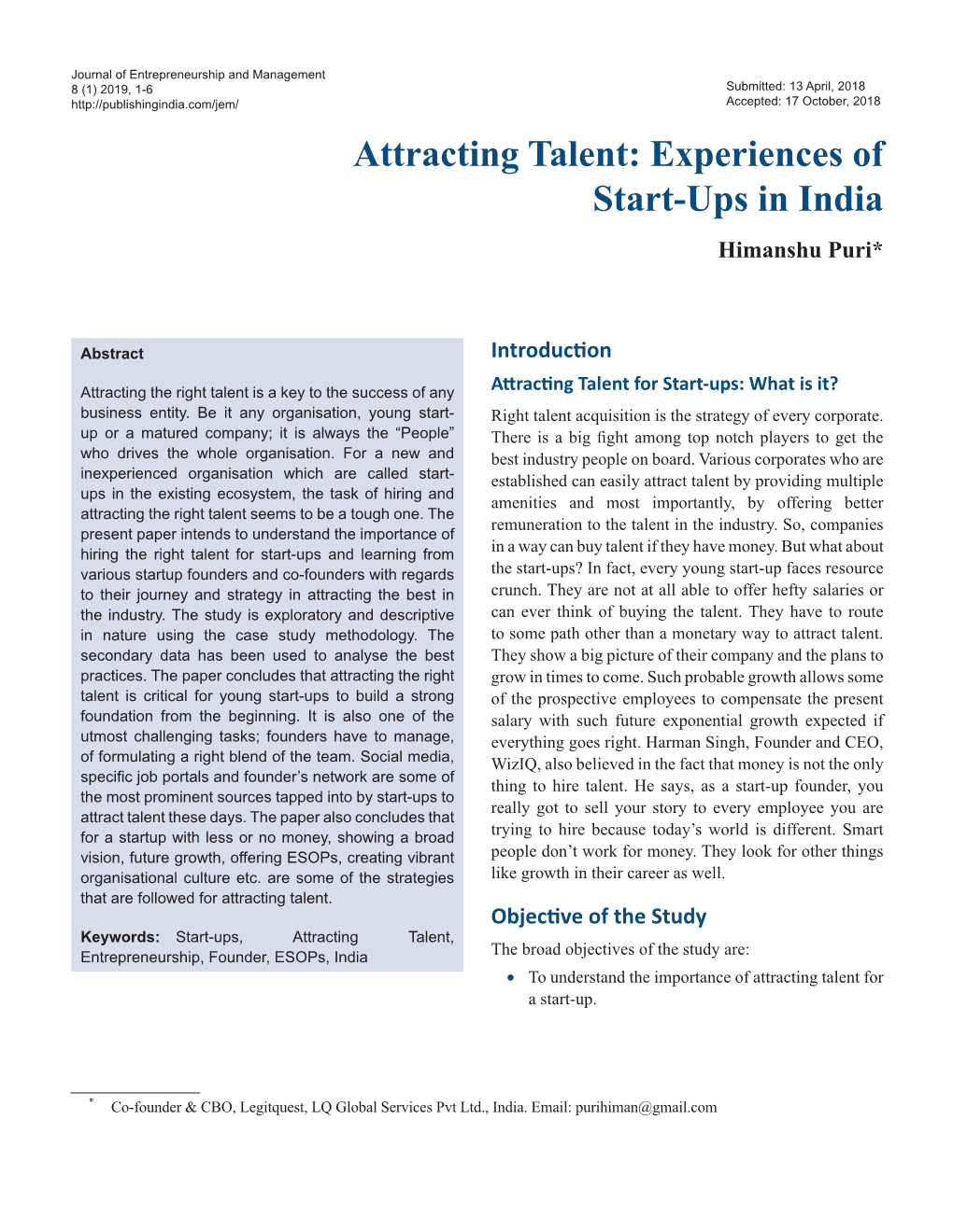 Attracting Talent: Experiences of Start-Ups in India Himanshu Puri*