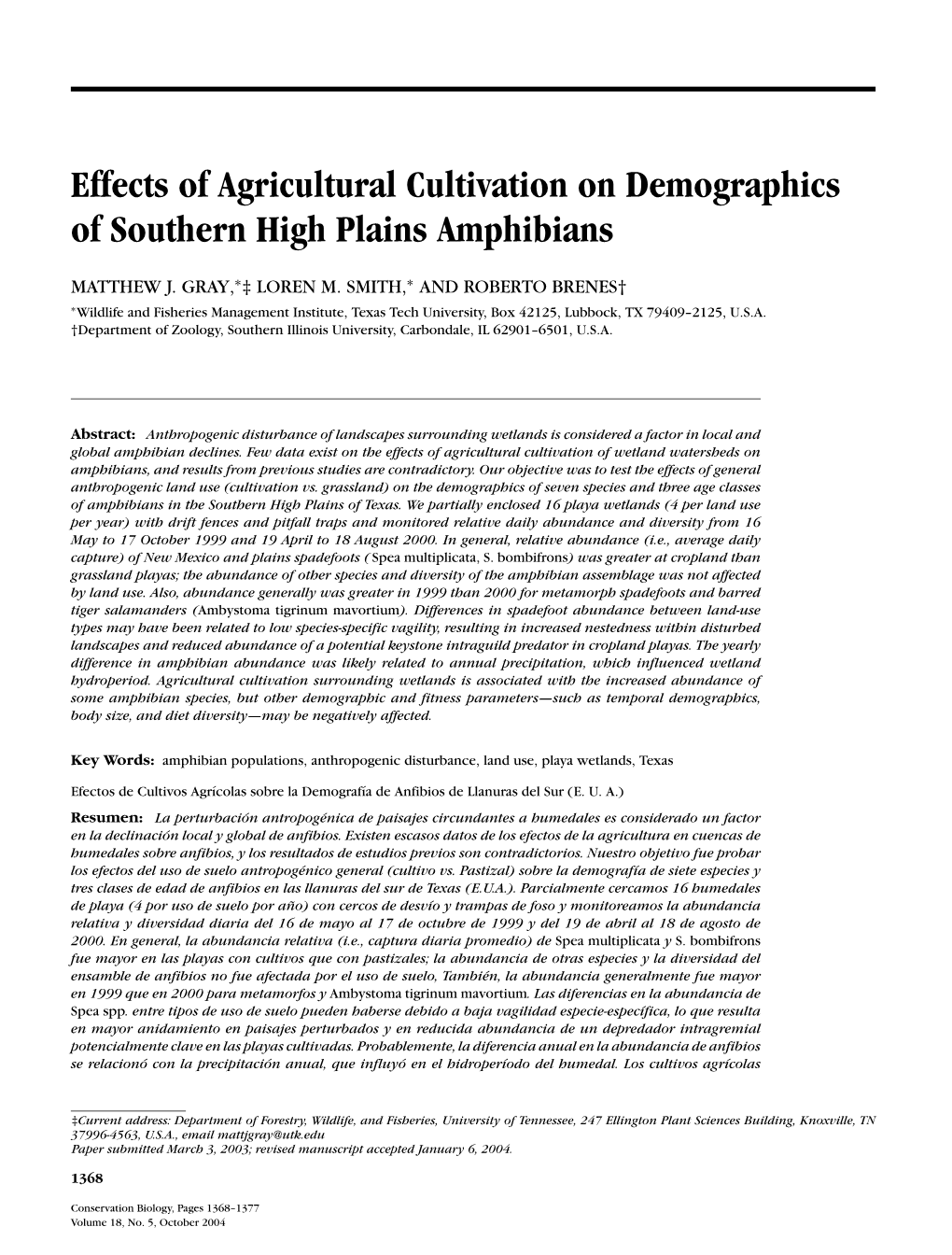 Effects of Agricultural Cultivation on Demographics of Southern High Plains Amphibians