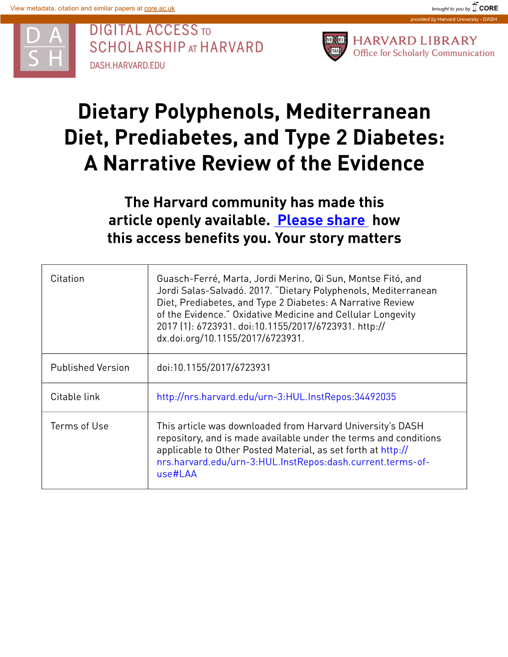 Dietary Polyphenols, Mediterranean Diet, Prediabetes, and Type 2 Diabetes: a Narrative Review of the Evidence