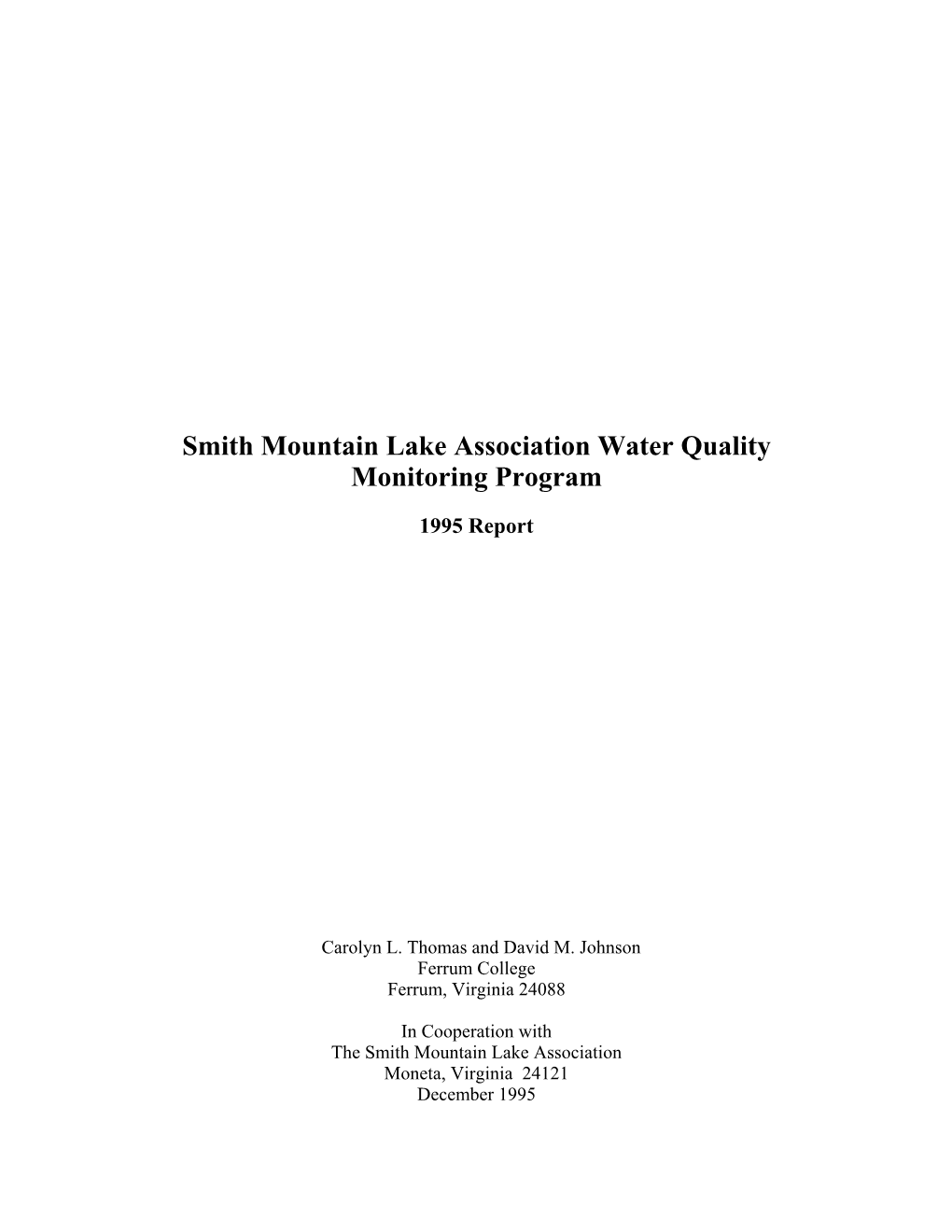 Smith Mountain Lake Association Water Quality Monitoring Program