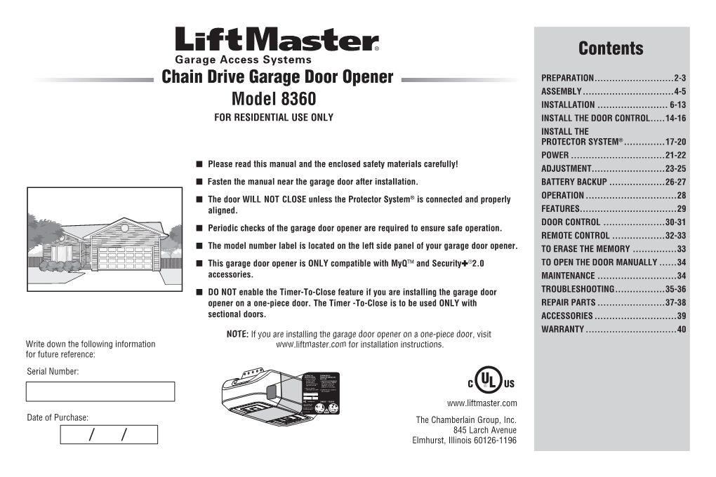 Chain Drive Garage Door Opener Contents Model 8360