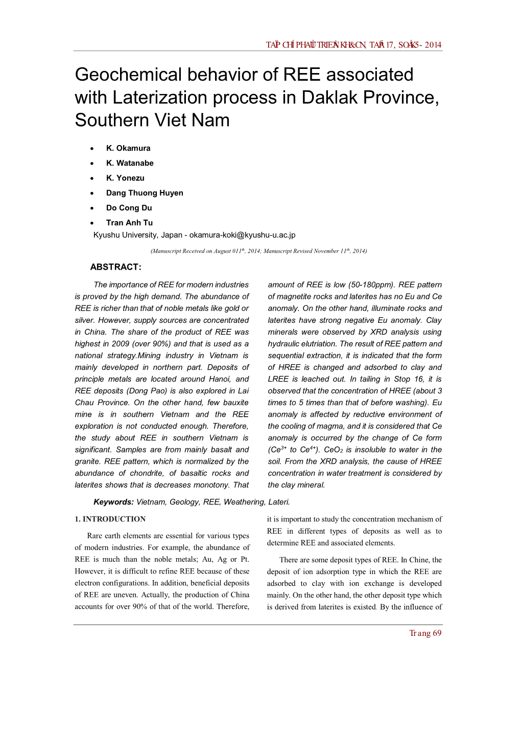 Geochemical Behavior of REE Associated with Laterization Process in Daklak Province, Southern Viet Nam