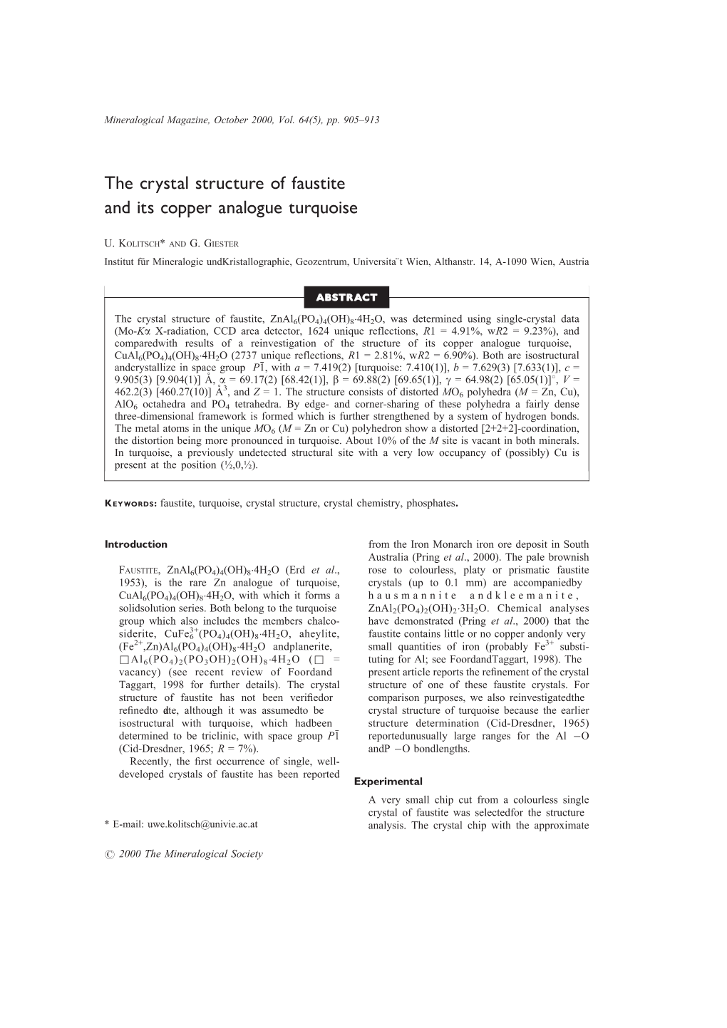 The Crystal Structure of Faustite and Its Copper Analogue Turquoise