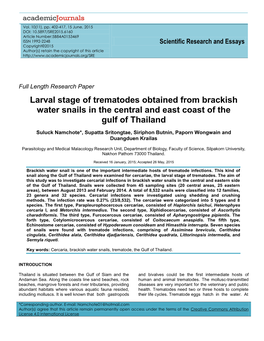 Larval Stage of Trematodes Obtained from Brackish Water Snails in the Central and East Coast of the Gulf of Thailand