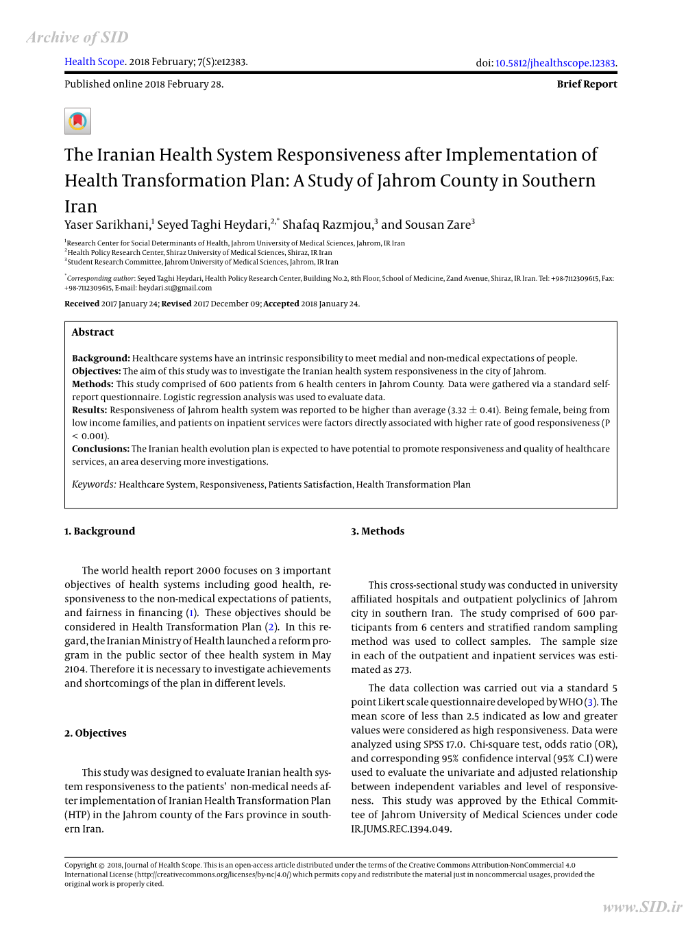 The Iranian Health System Responsiveness After Implementation of Health Transformation Plan: a Study of Jahrom County in Souther