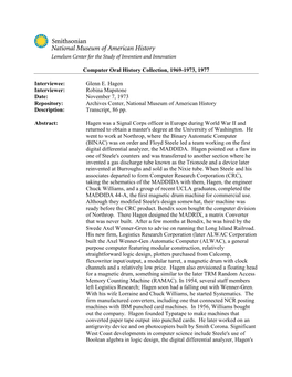 Computer Oral History Collection, 1969-1973, 1977 Interviewee: Grace Murray Hopper Interviewer: Uta C