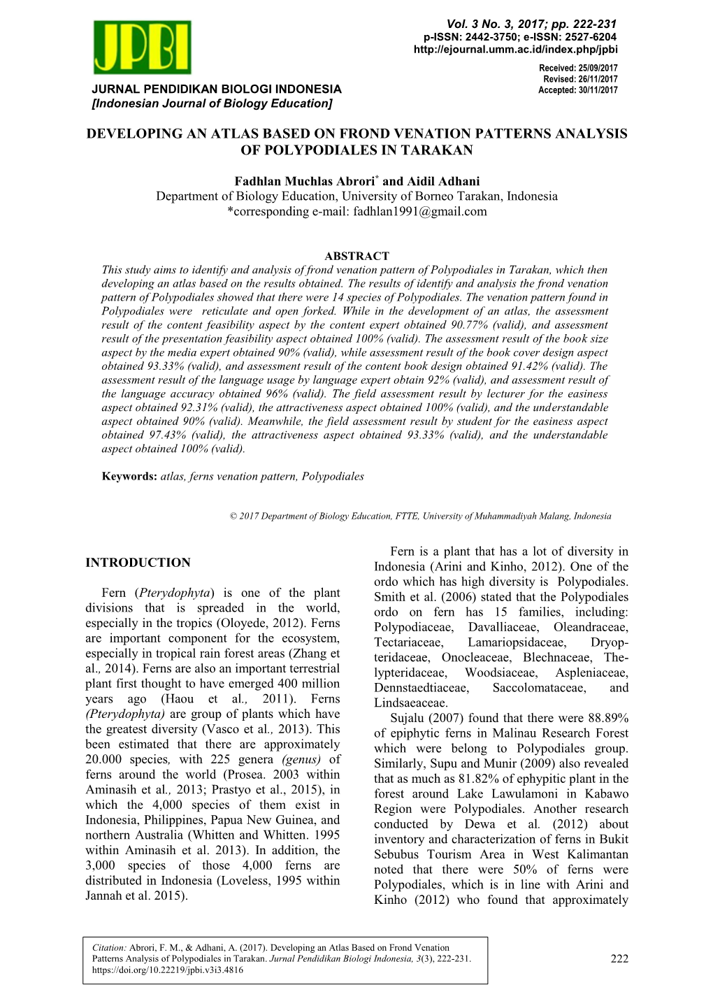 Developing an Atlas Based on Frond Venation Patterns Analysis of Polypodiales in Tarakan