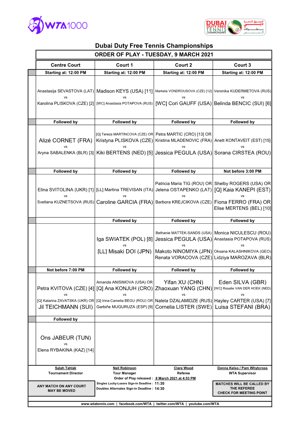 Dubai Duty Free Tennis Championships ORDER of PLAY - TUESDAY, 9 MARCH 2021