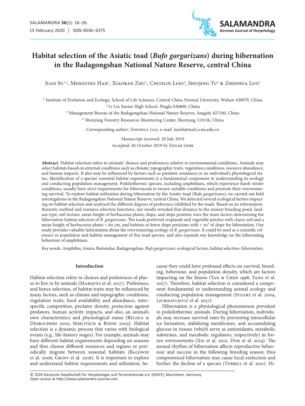 Habitat Selection of the Asiatic Toad (Bufo Gargarizans) During Hibernation in the Badagongshan National Nature Reserve, Central China