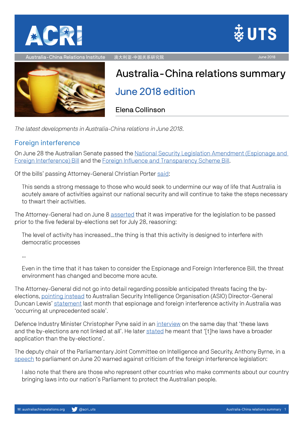 Australia-China Relations Summary June 2018 Edition