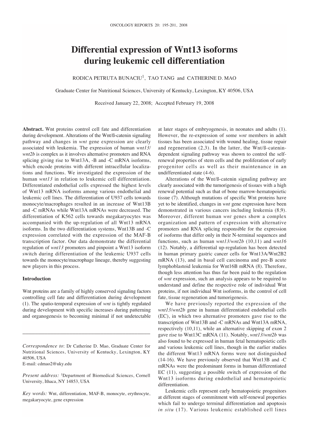 Differential Expression of Wnt13 Isoforms During Leukemic Cell Differentiation