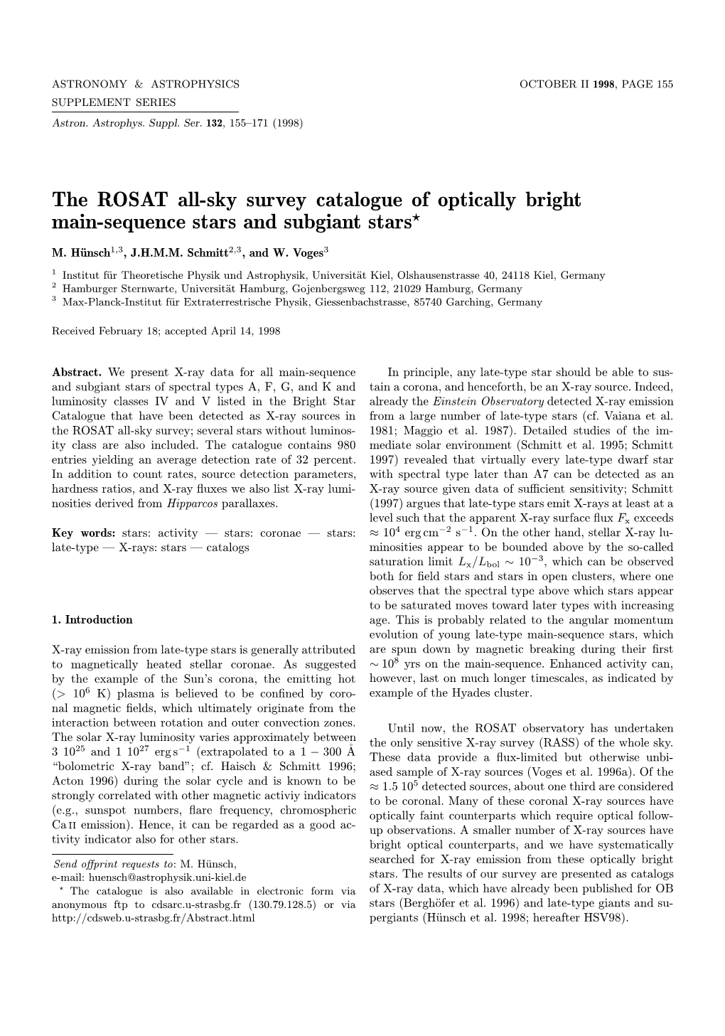 The ROSAT All-Sky Survey Catalogue of Optically Bright Main-Sequence Stars and Subgiant Stars?