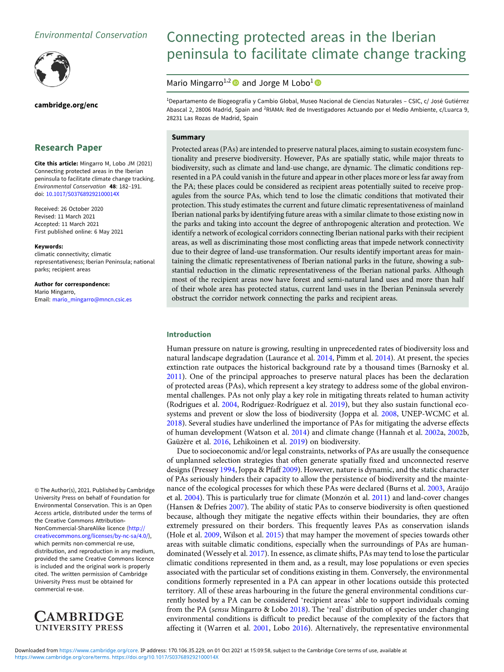 Connecting Protected Areas in the Iberian Peninsula to Facilitate Climate Change Tracking