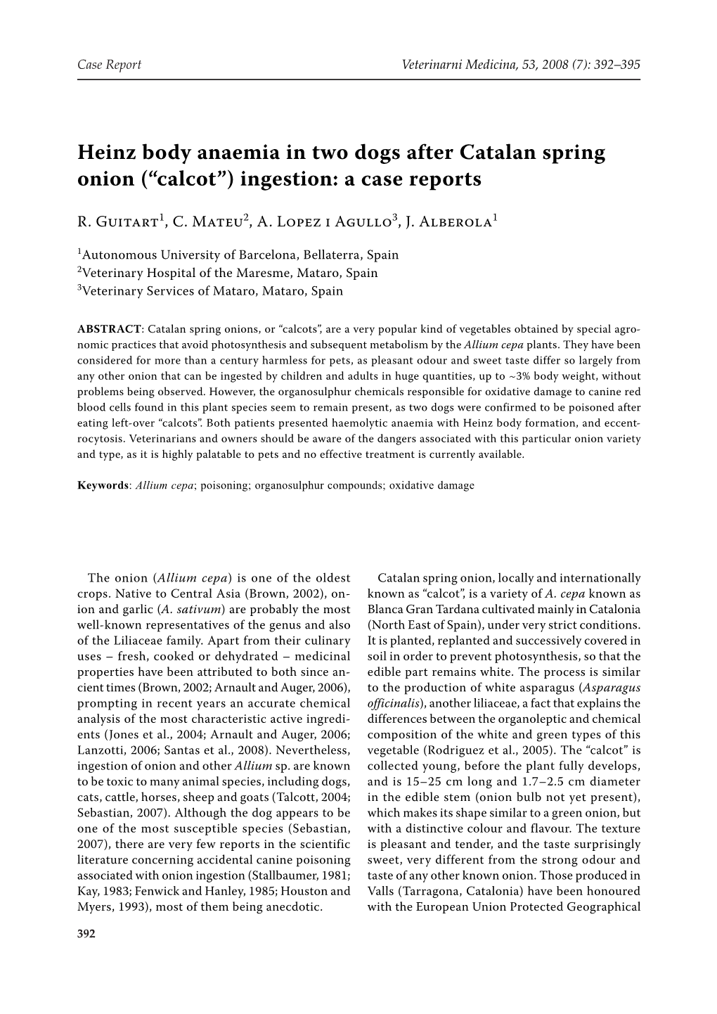 Heinz Body Anaemia in Two Dogs After Catalan Spring Onion (“Calcot”) Ingestion: a Case Reports