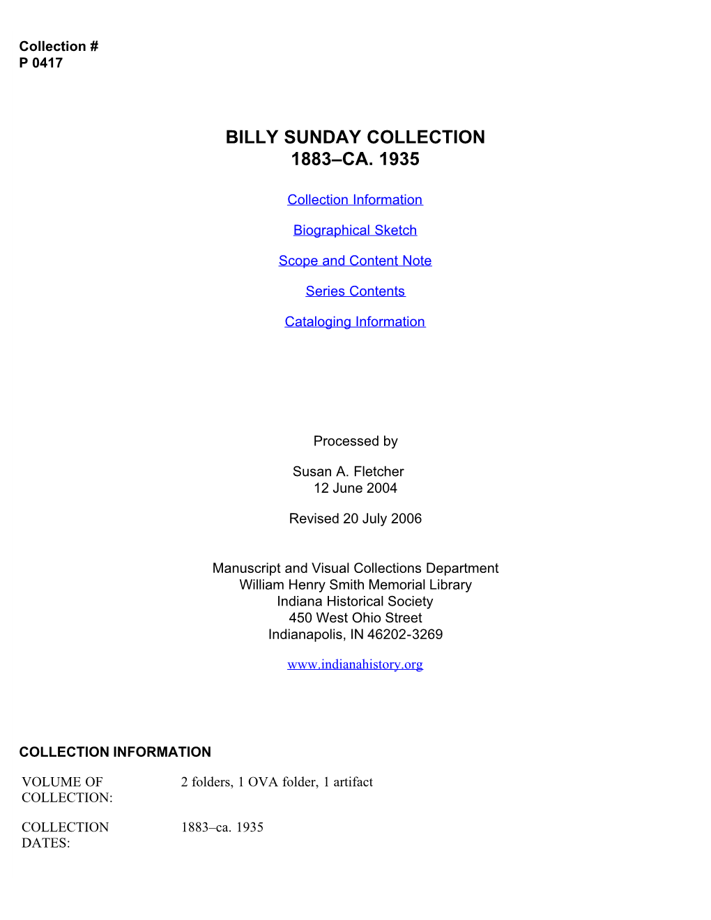 Billy Sunday Collection 1883-Ca. 1935