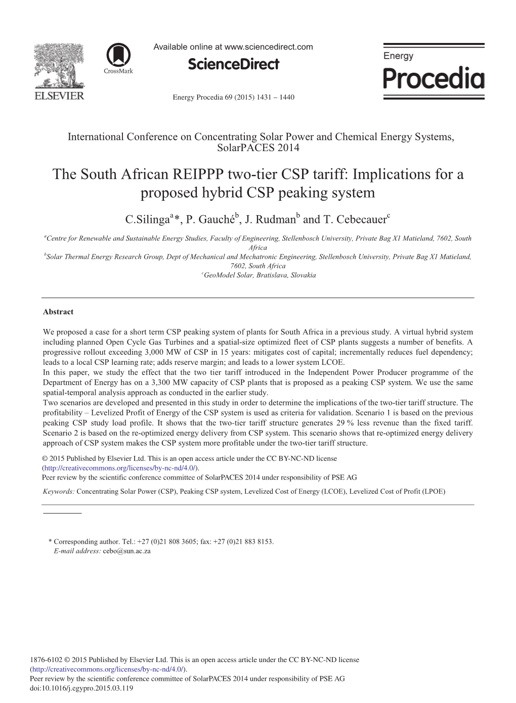 The South African REIPPP Two-Tier CSP Tariff: Implications for a Proposed Hybrid CSP Peaking System