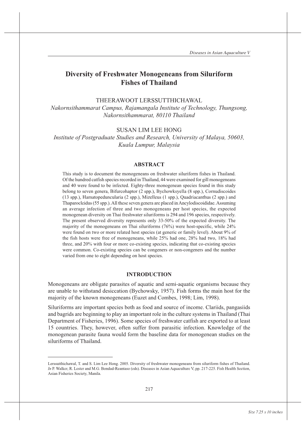 Diversity of Freshwater Monogeneans from Siluriform Fishes of Thailand