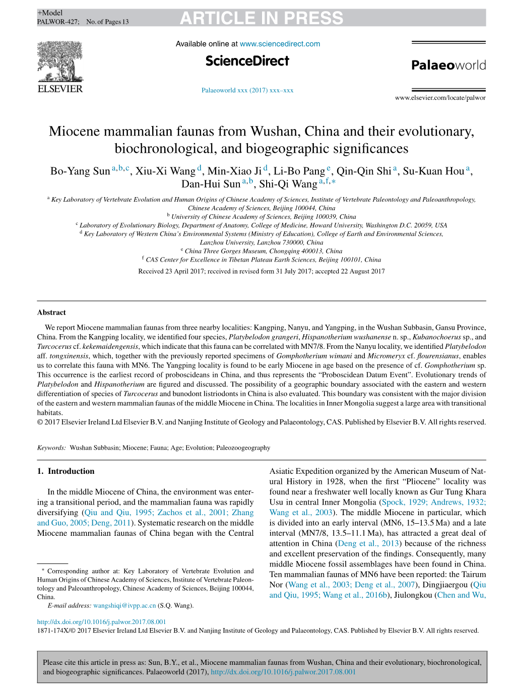 Miocene Mammalian Faunas from Wushan, China and Their Evolutionary