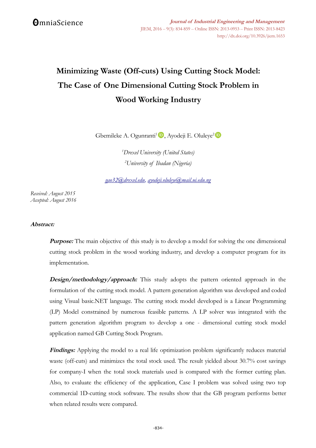 Minimizing Waste (Off-Cuts) Using Cutting Stock Model: the Case of One Dimensional Cutting Stock Problem in Wood Working Industry