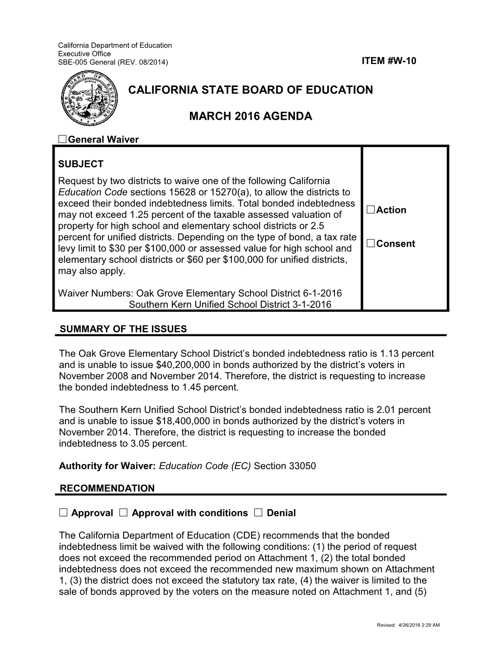 March 2016 Waiver Item W-10 Revised - Meeting Agendas (CA State Board of Education)