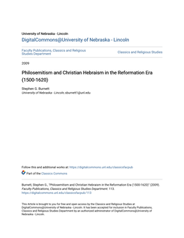 Philosemitism and Christian Hebraism in the Reformation Era (1500-1620)