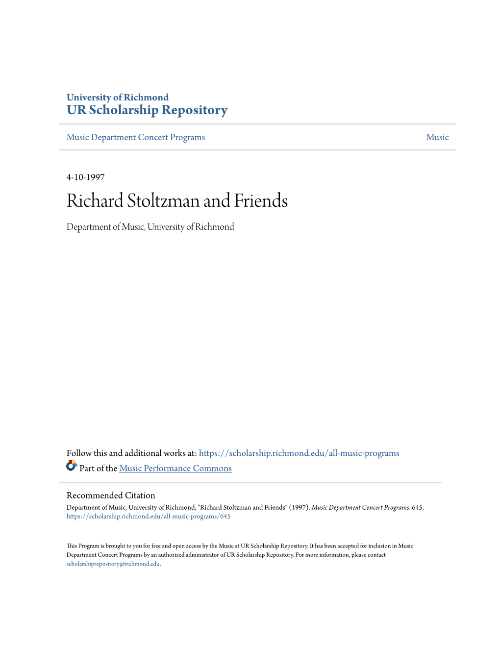 Richard Stoltzman and Friends Department of Music, University of Richmond