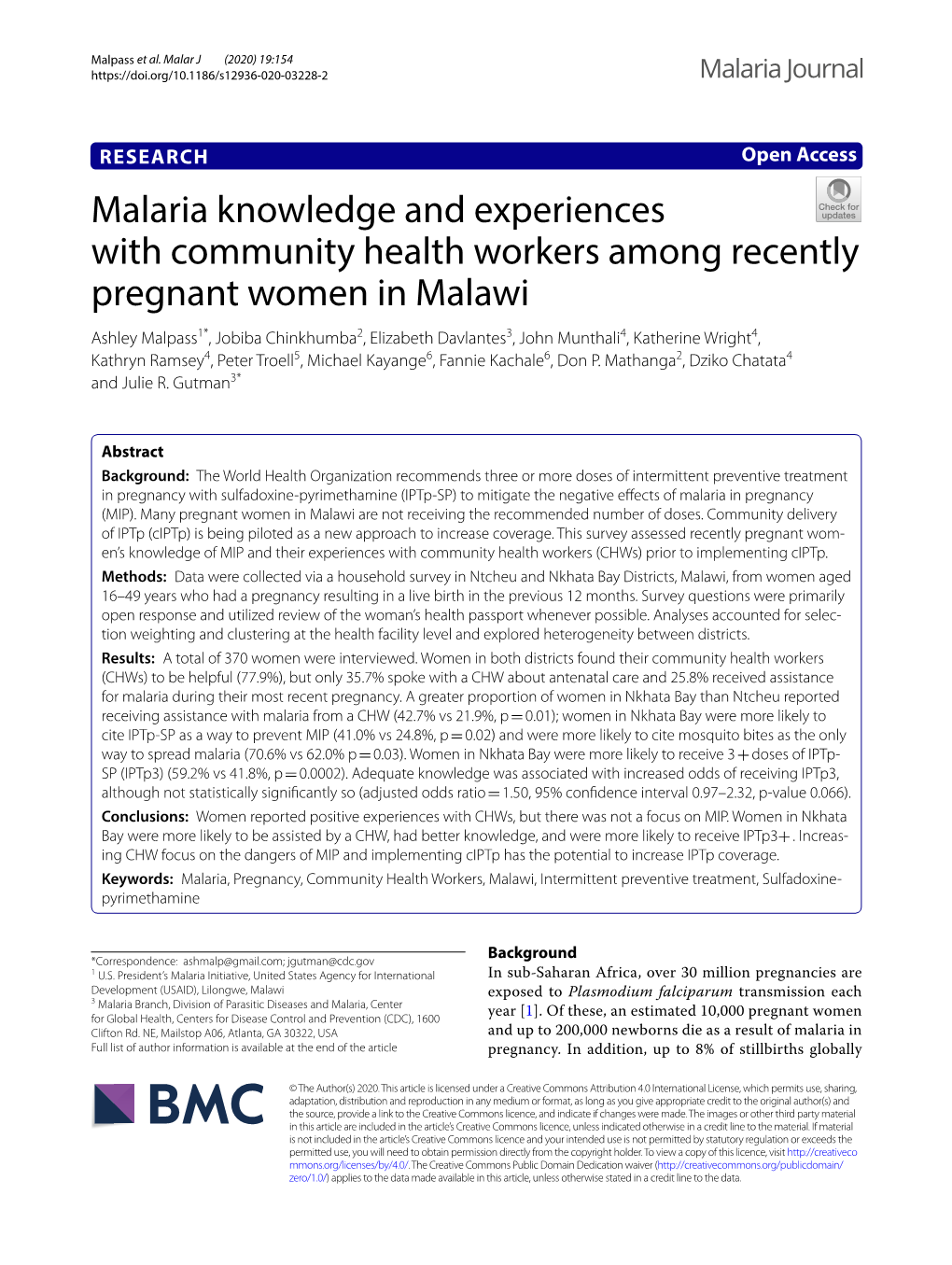 Malaria Knowledge and Experiences with Community Health Workers
