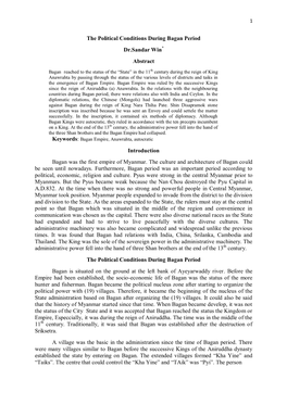 The Political Conditions During Bagan Period Dr.Sandar Win Abstract