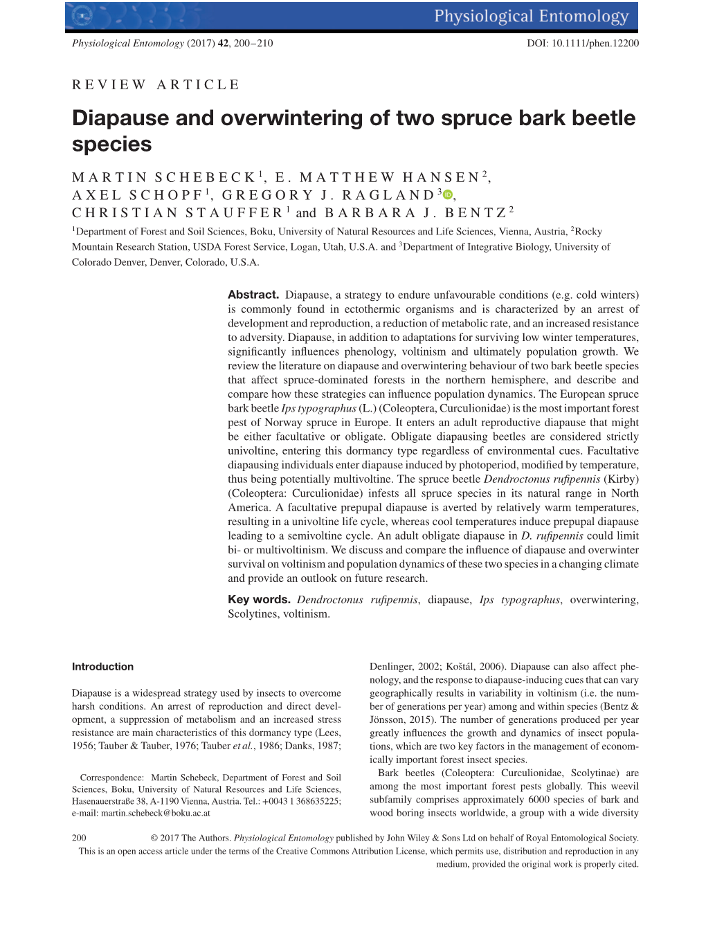 Diapause and Overwintering of Two Spruce Bark Beetle Species
