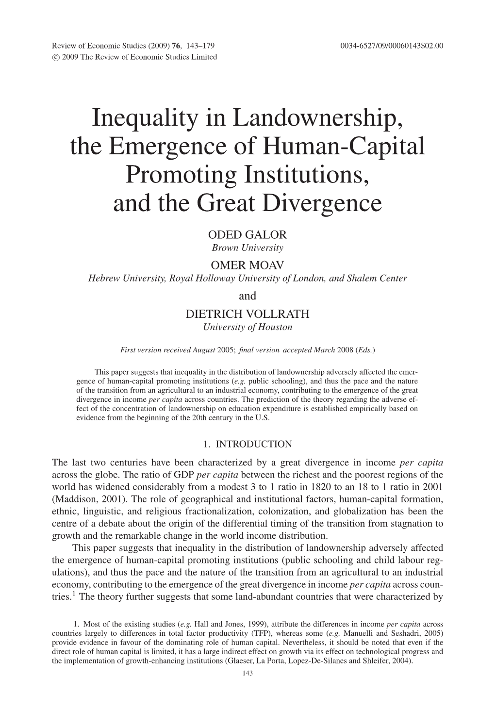 Inequality in Landownership, the Emergence of Human-Capital
