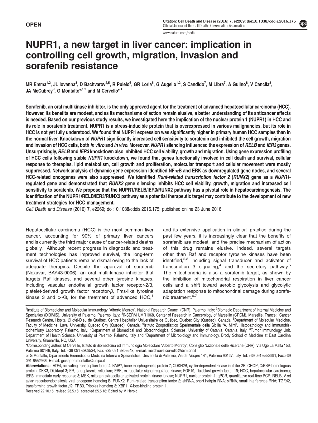 NUPR1, a New Target in Liver Cancer: Implication in Controlling Cell Growth, Migration, Invasion and Sorafenib Resistance