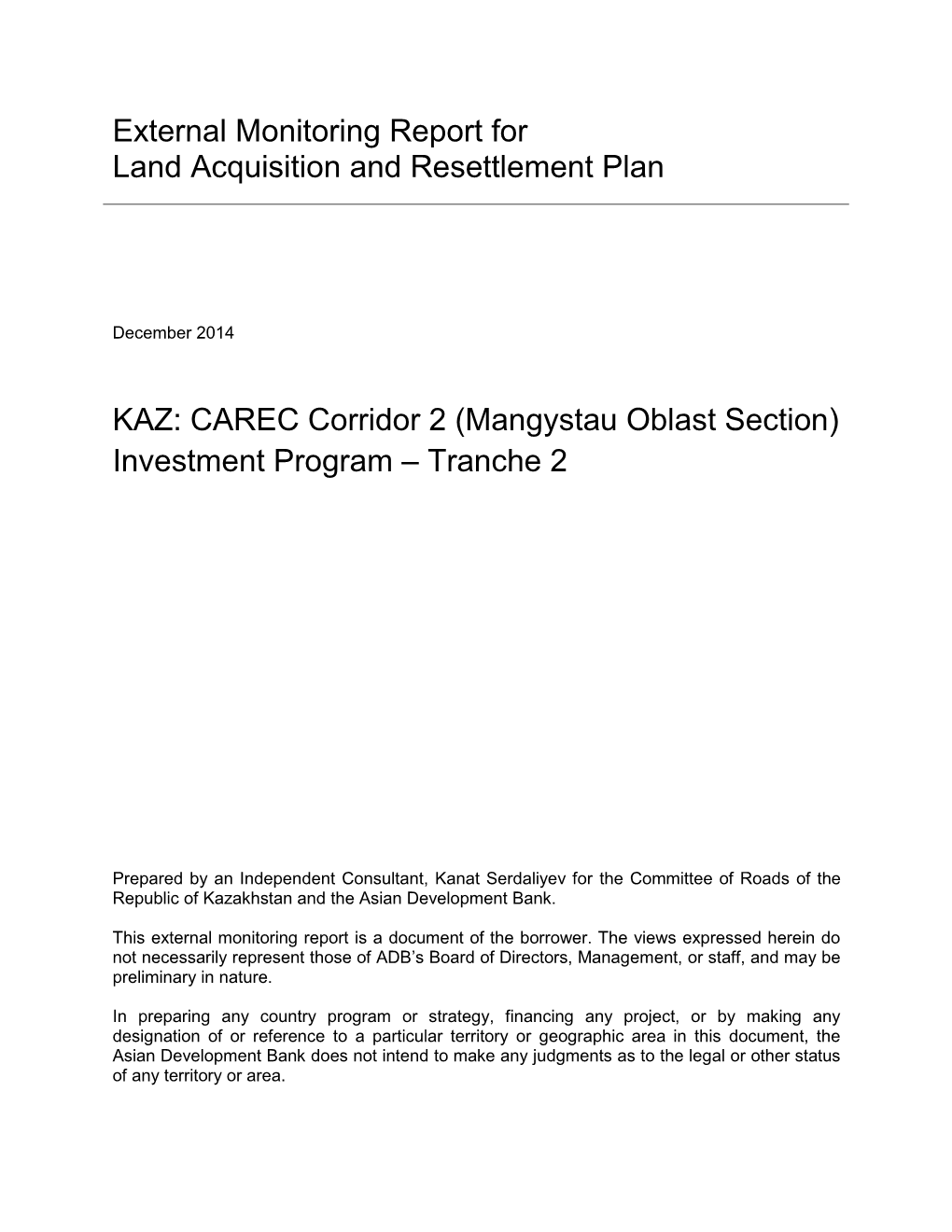 External Monitoring Report for Land Acquisition and Resettlement Plan