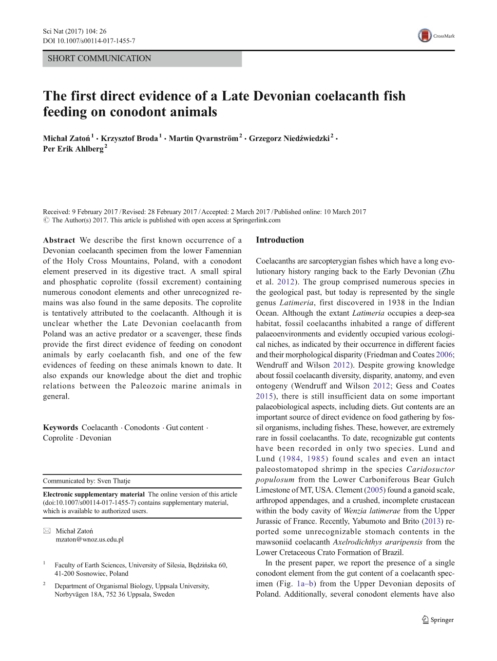 The First Direct Evidence of a Late Devonian Coelacanth Fish Feeding on Conodont Animals